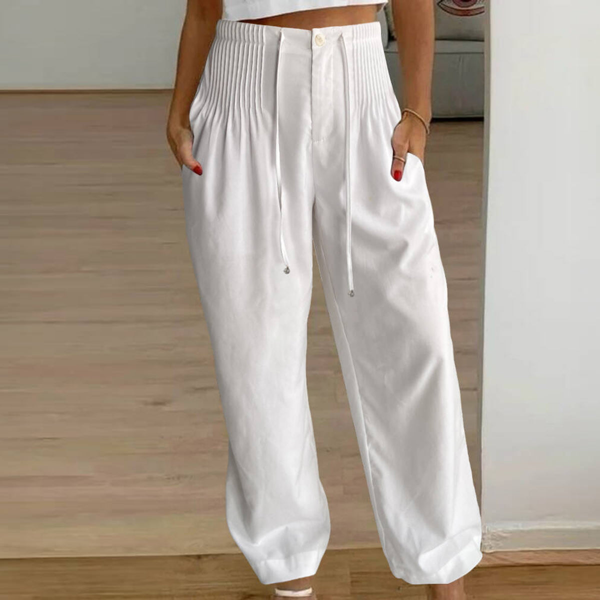CD | Cozy Alb Plain Elastic Waistband pantaloni