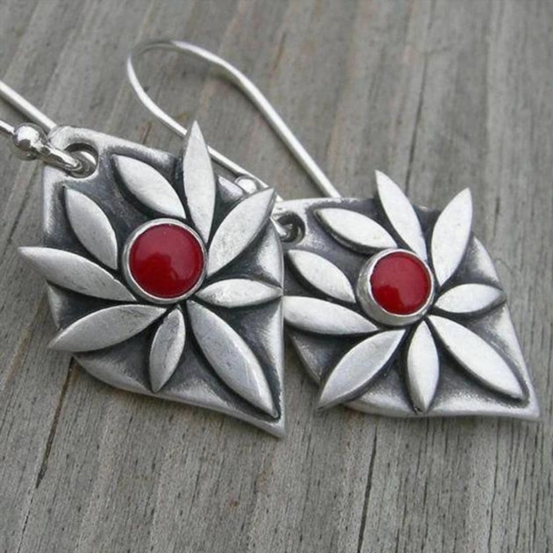 Boho Flower With Red Zirconia Silver Earrings