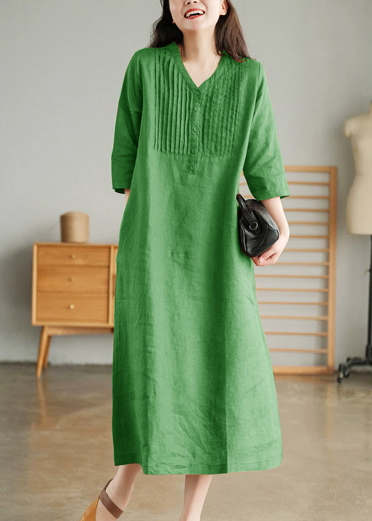Orange Loose Linen Long Dresses Button Half Sleeve