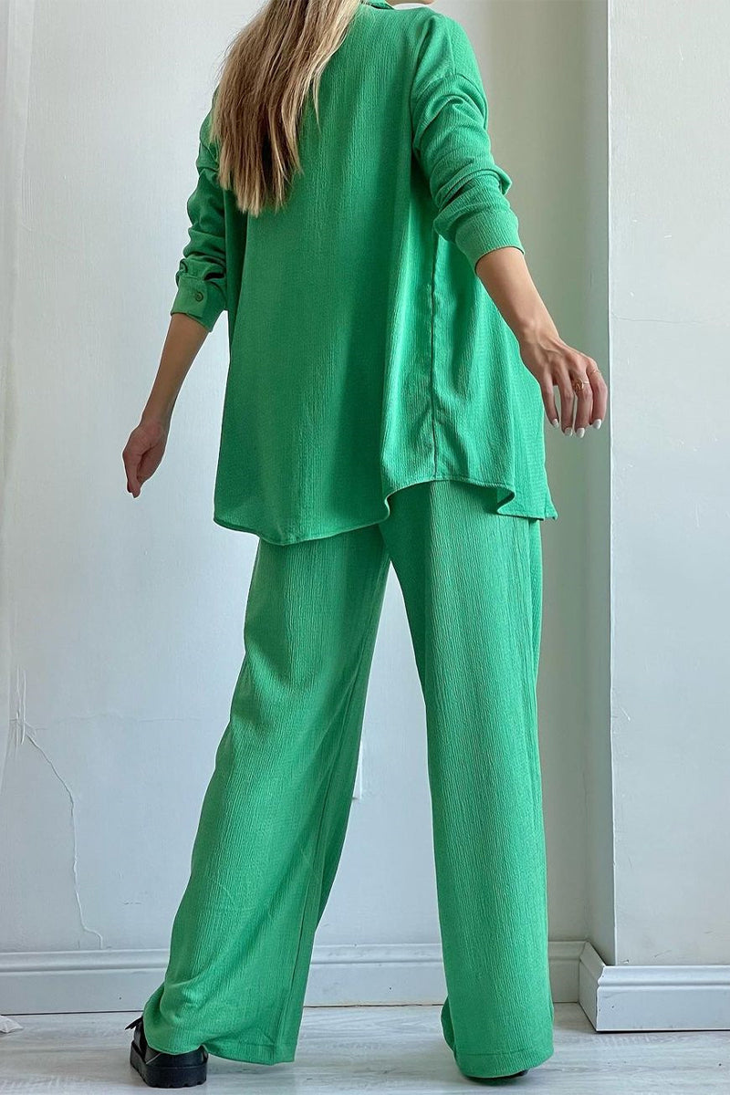 CD | Casual Solid Draw String Fold Turndown Collar maneca lunga trei piese (cămașă Vest pantaloni)