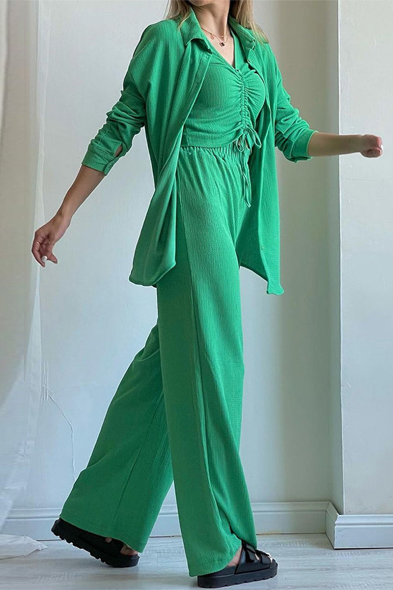 CD | Casual Solid Draw String Fold Turndown Collar maneca lunga trei piese (cămașă Vest pantaloni)