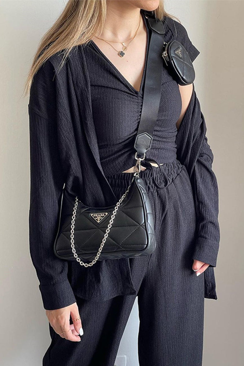 CD | Casual Solid Draw String Fold Turndown Collar maneca lunga trei piese (cămașă Vest pantaloni)
