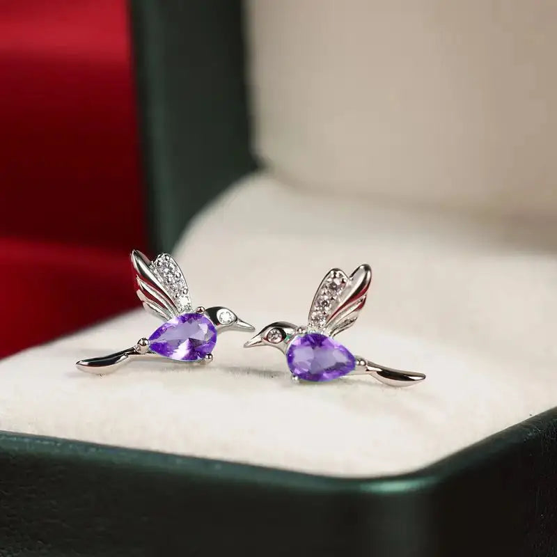 Violet Crystal Hummingbird Earrings