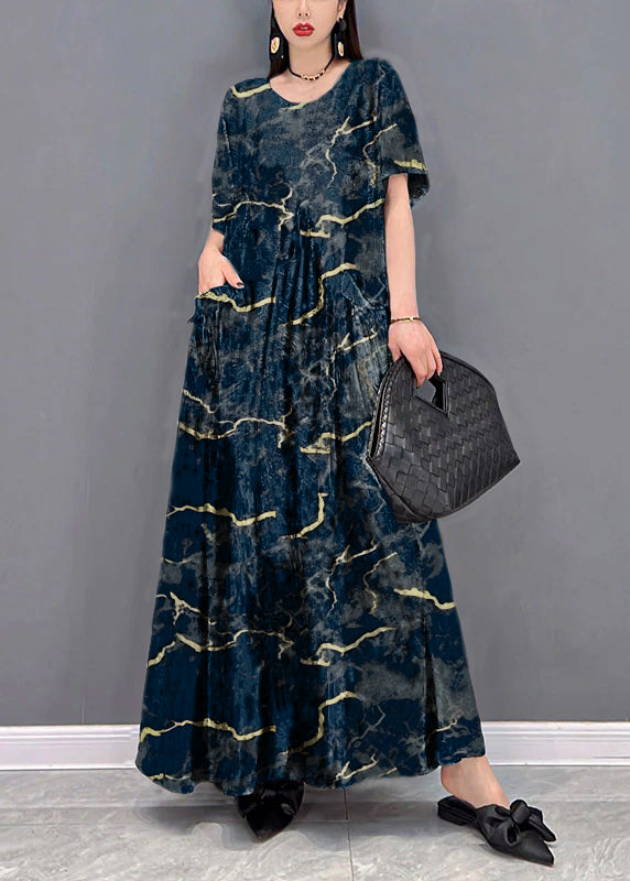 Yellow Leopard Print O-neck Print Pockets Long Dresses Short Sleeve