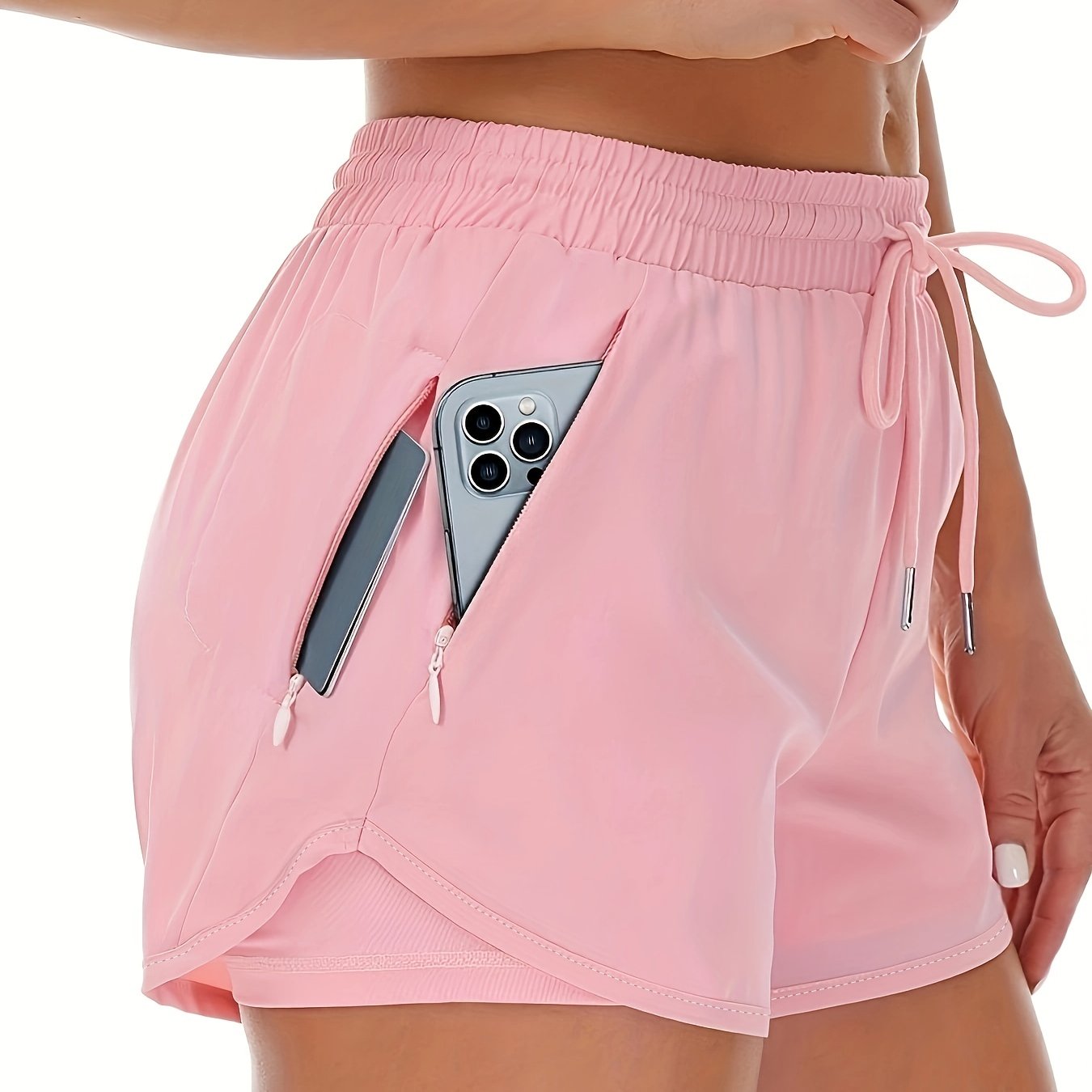 CD | Pantaloni scurți sport unicolor 2 în 1 cu mai multe buzunare