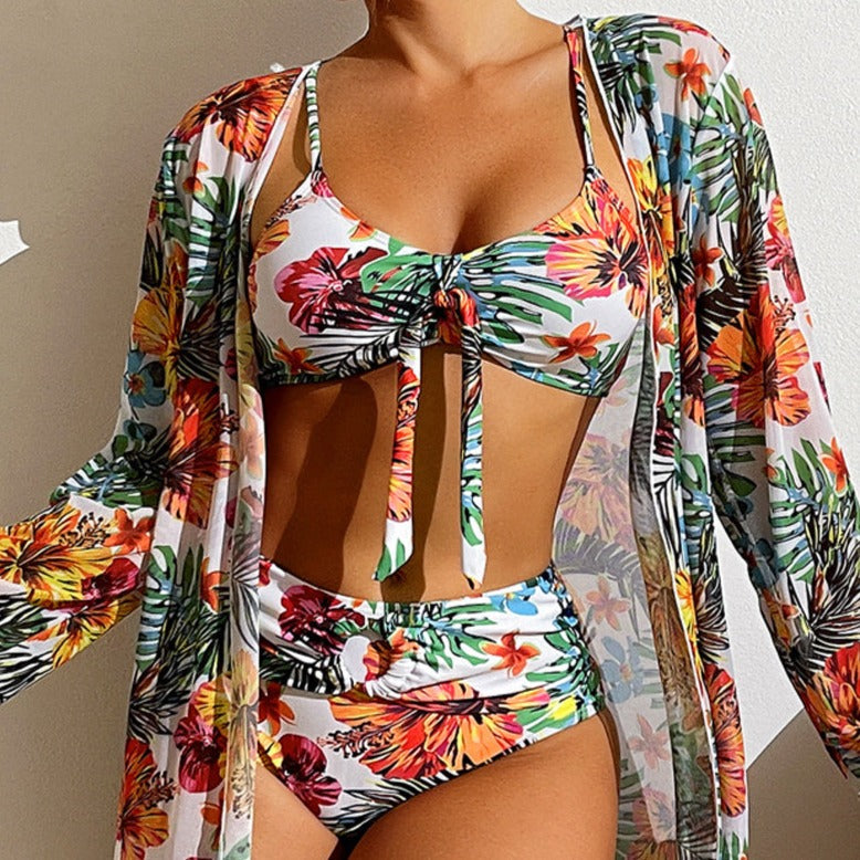 CD | Bikini floral din 3 piese cu acoperitor