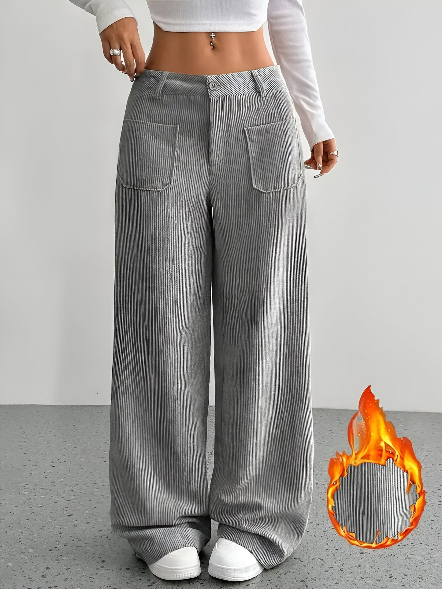 CD | Pantaloni casual cu picior lat din catifea corduroy