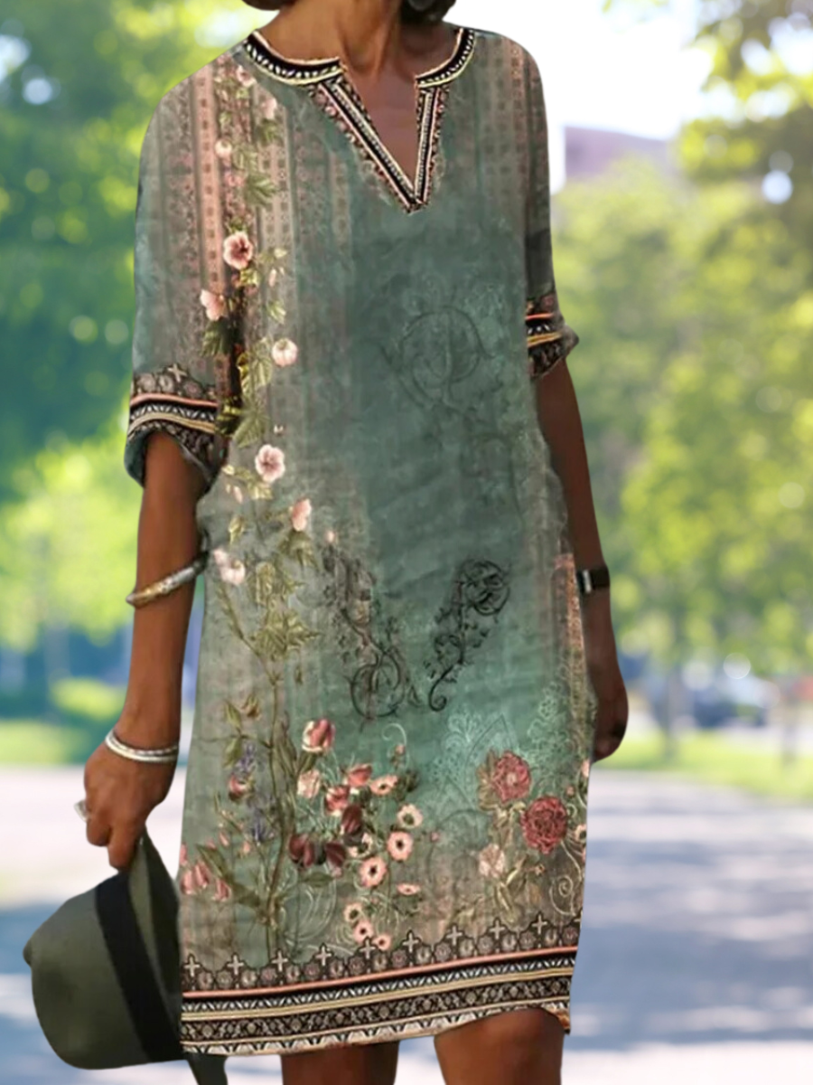 CD | Rochie midi verde cu decolteu în V și model floral