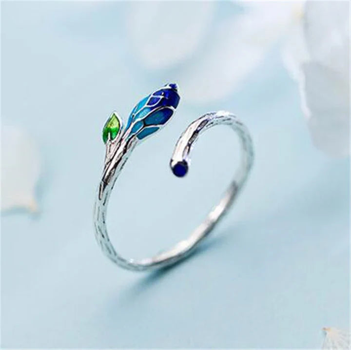 Adjustable Leaf Ring With Blue Enamel In Silver
