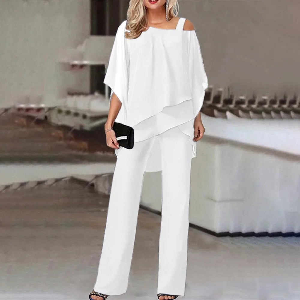 CD | Set elegant format dintr-o bluză cu volane fără umeri și pantaloni cu picior drept pentru femei