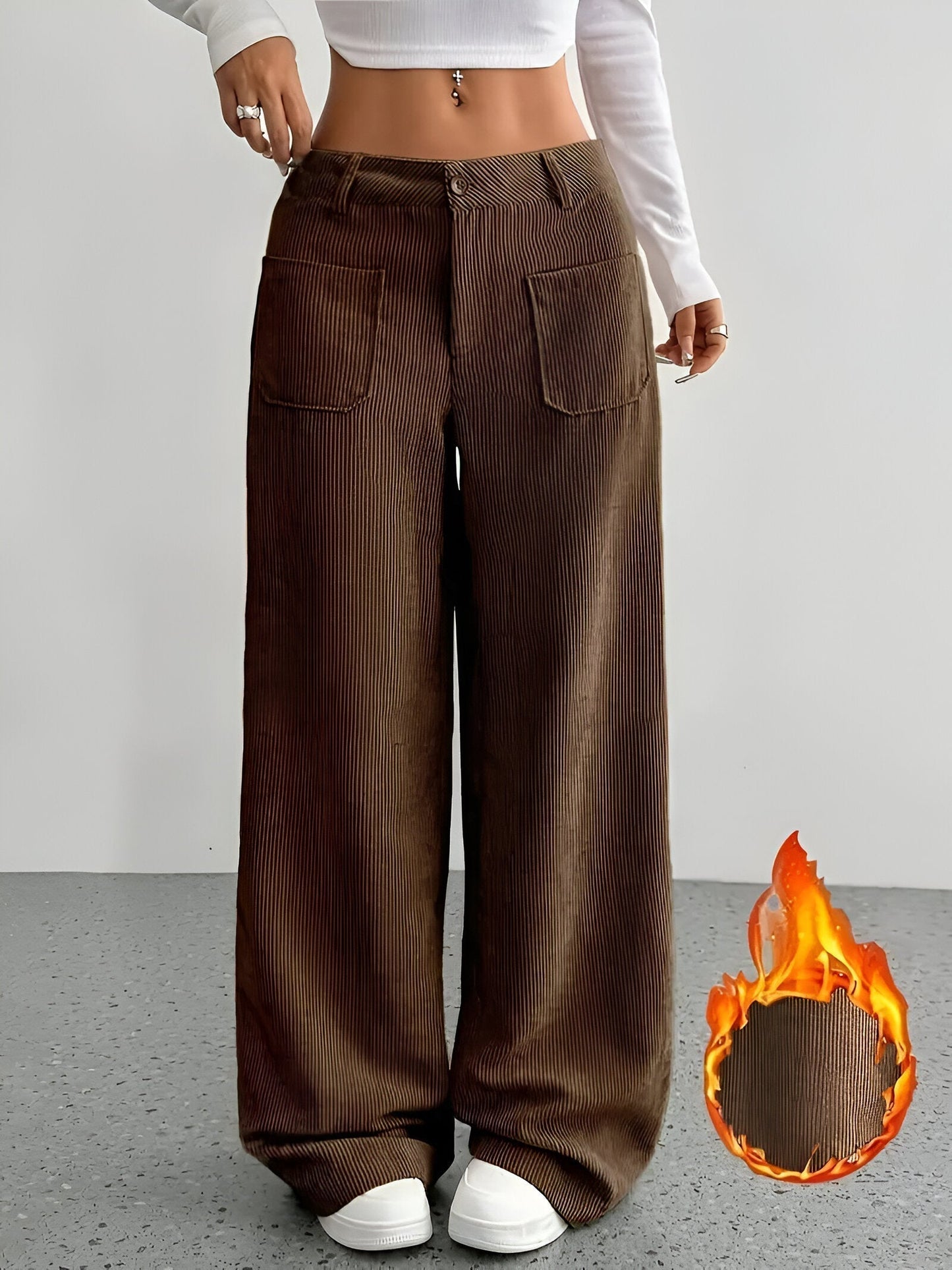 CD | Pantaloni casual cu picior lat din catifea corduroy