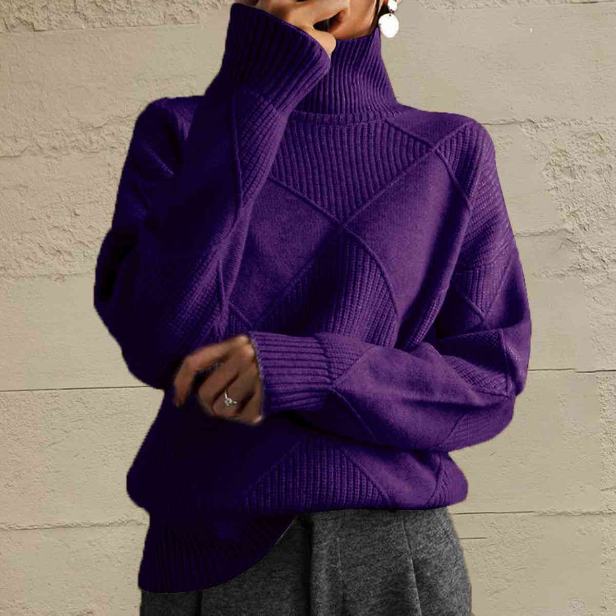 CD | Pulover chic cu guler tip broască țestoasă din tricot geometric