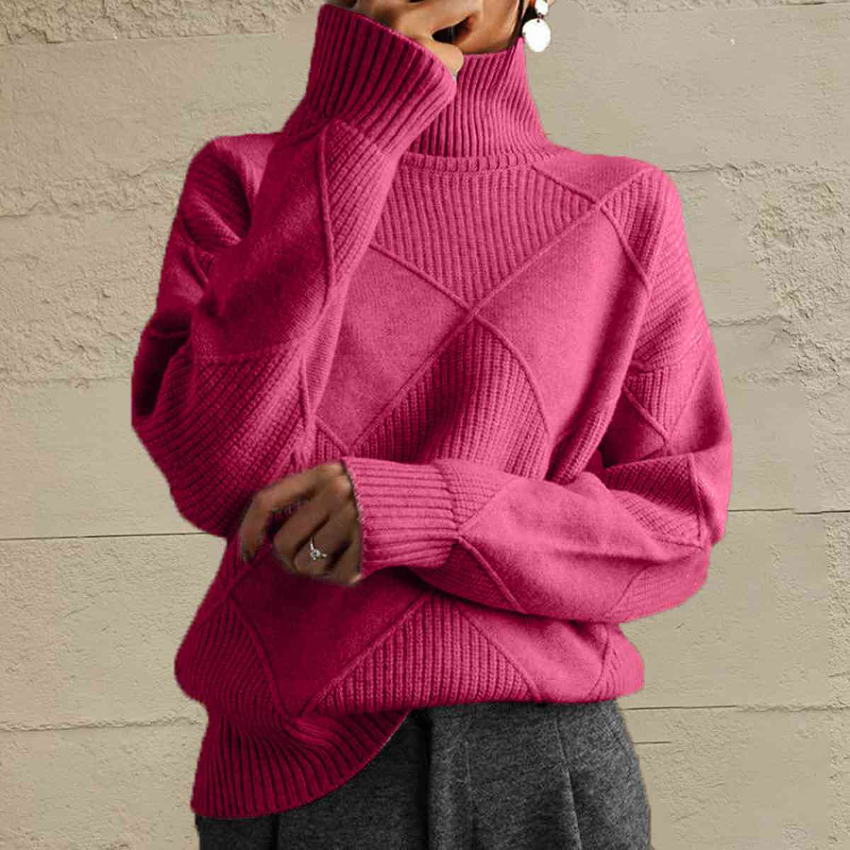 CD | Pulover chic cu guler tip broască țestoasă din tricot geometric