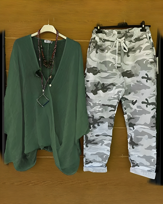 CD | Bluză casual la modă și pantaloni cu imprimeu de camuflaj pentru femei