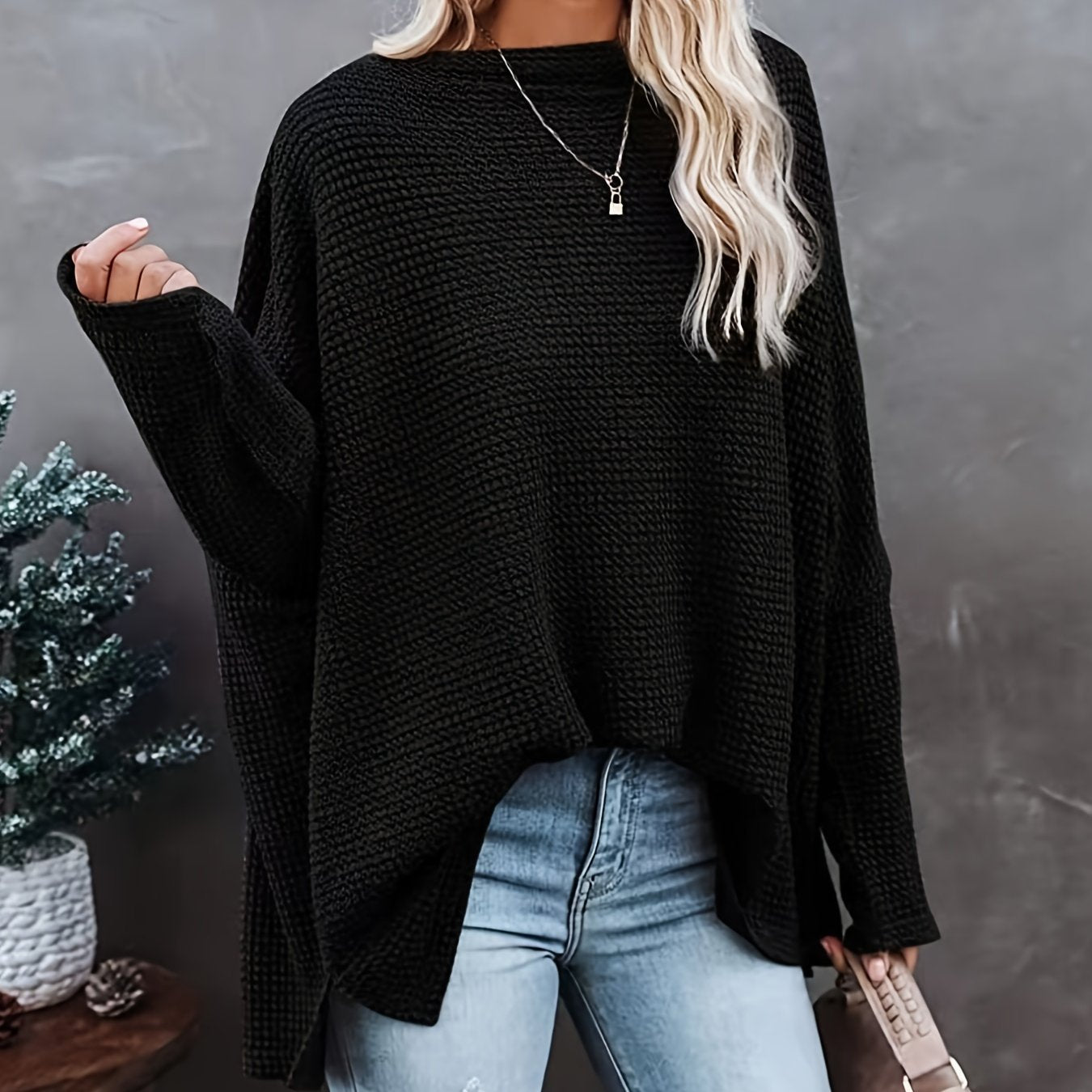 CD | Pulover casual tricotat cu mâneci lungi, oversized