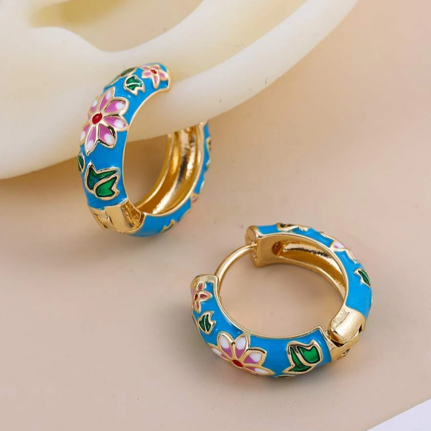 Blue Flower Hoop Earrings
