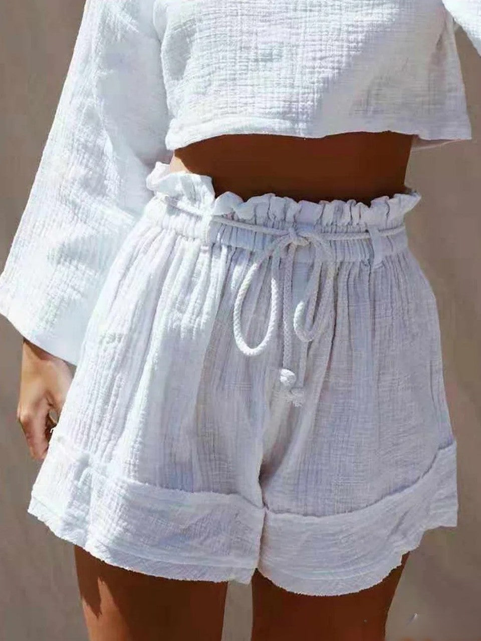 CD | Pantaloni scurți boho din amestec de bumbac alb