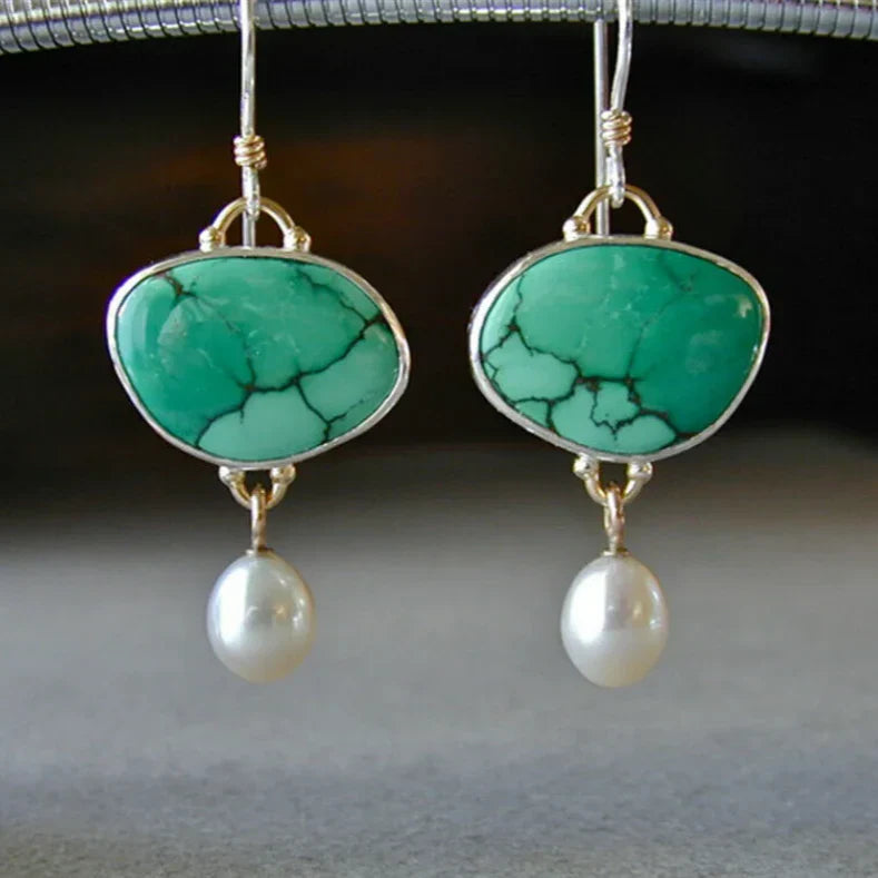 Turquoise Stone Pearl Earrings