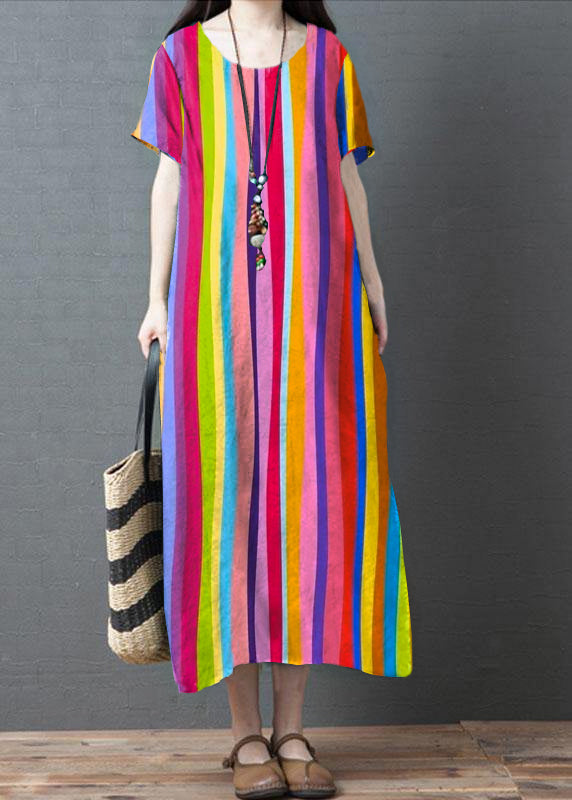 Loose Brown O-neck Patchwork Pockets Summer Holiday Dress Short Sleeve