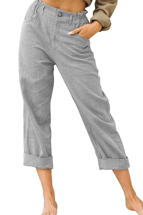 CD | Culoare solidă bumbac și lenjerie la modă vrac pantaloni casual cu talie înaltă