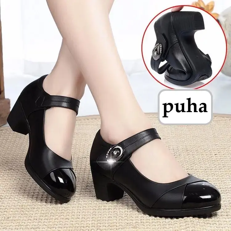 CD | Femei Moda dulce negru de înaltă calitate rotund Toe Buckle curea Office Heel