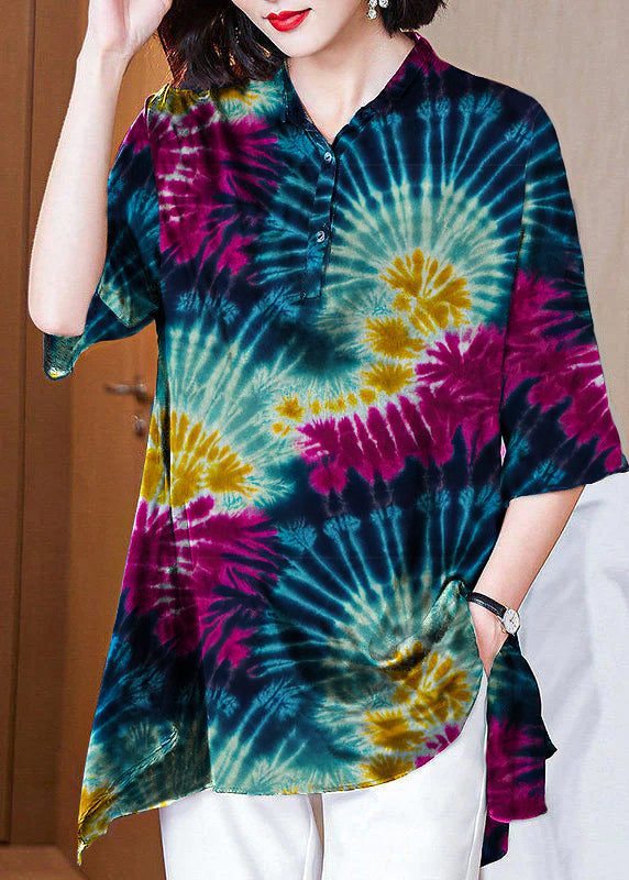 Italian Dark Blue Peter Pan Collar Button Asymmetrical Print Silk Tops Spring