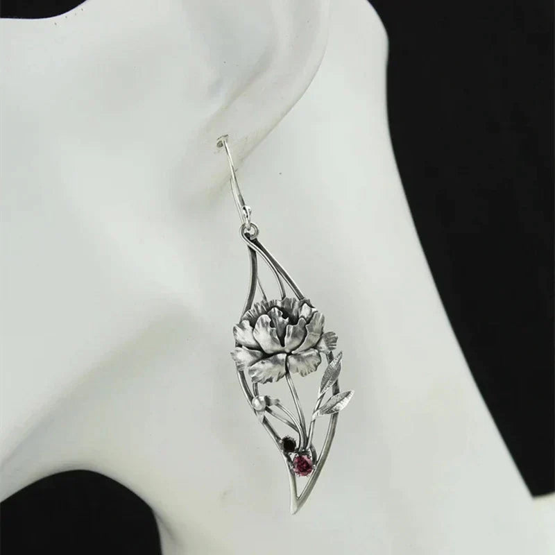 Boho Floral Earrings With Crystals In Sterling Silver