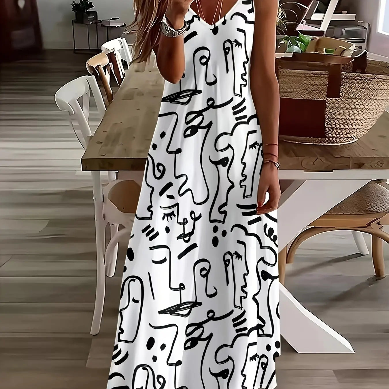 CD | Fresh Geometric Print imprimate V-neck Suspender rochie lungă de vară de vacanță gleznă-lungime plajă și mare Suspender rochie