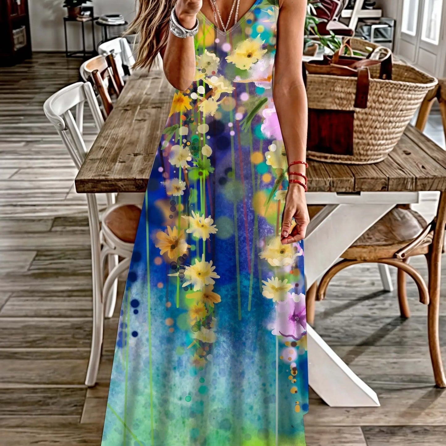 CD | Fresh Geometric Print imprimate V-neck Suspender rochie lungă de vară de vacanță gleznă-lungime plajă și mare Suspender rochie