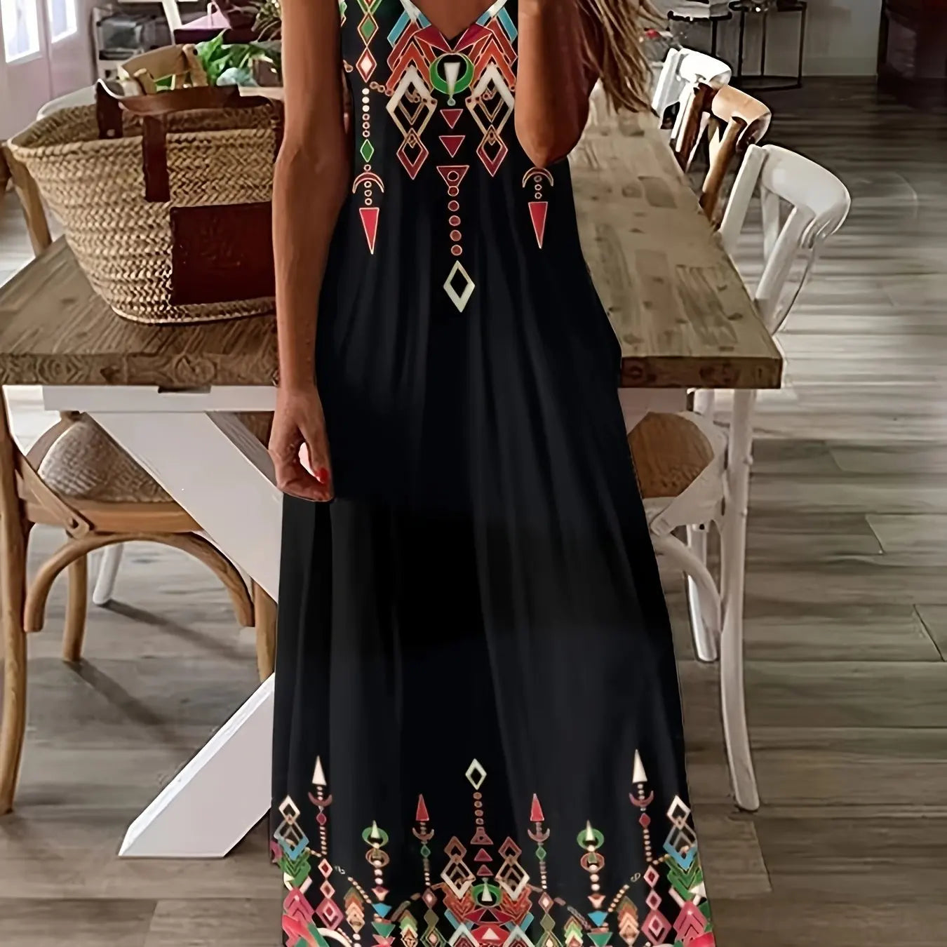 CD | Fresh Geometric Print imprimate V-neck Suspender rochie lungă de vară de vacanță gleznă-lungime plajă și mare Suspender rochie