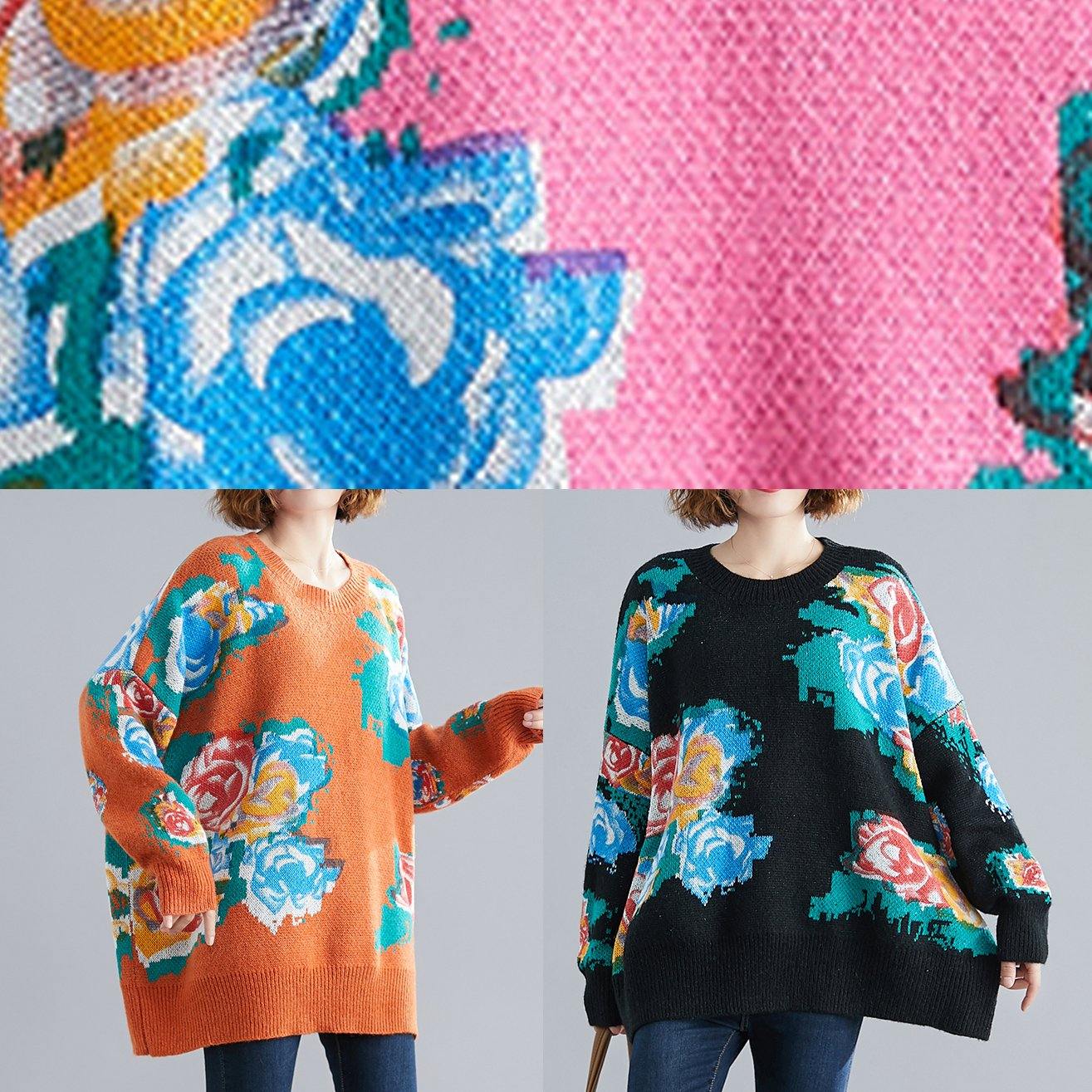 Aesthetic Orange Print Knit Tops O Neck Knitwear