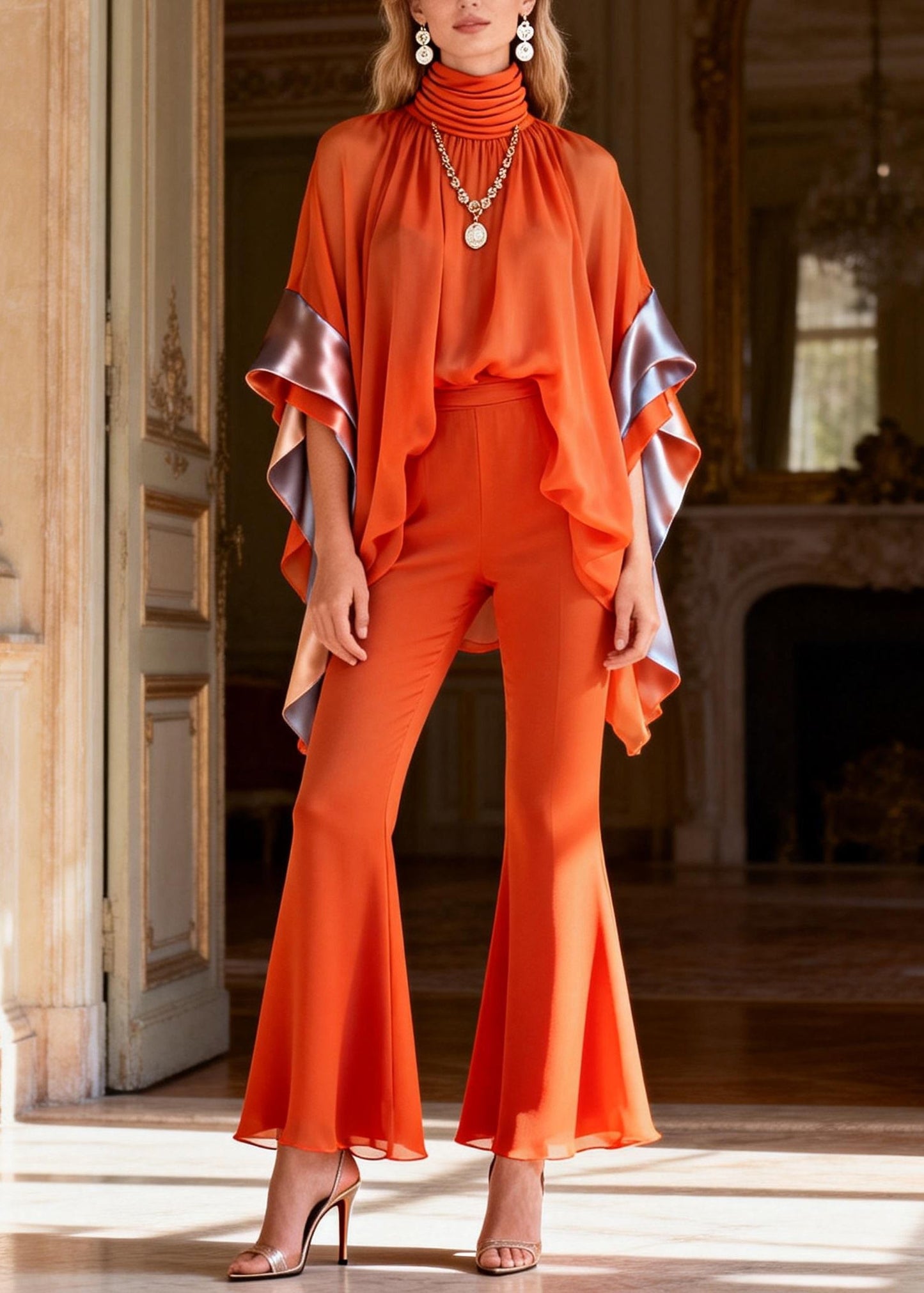 Art Orange Turtleneck Patchwork Chiffon Top and Flared Trousers Two Piece Set Flare Sleeve
