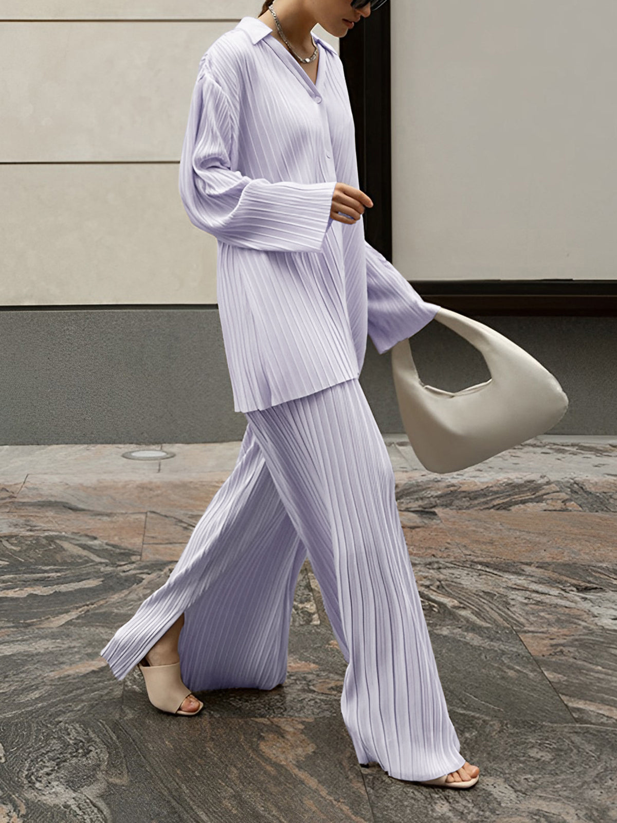 CD | Bluză plisată elegantă și elegantă și set de pantaloni pentru femei