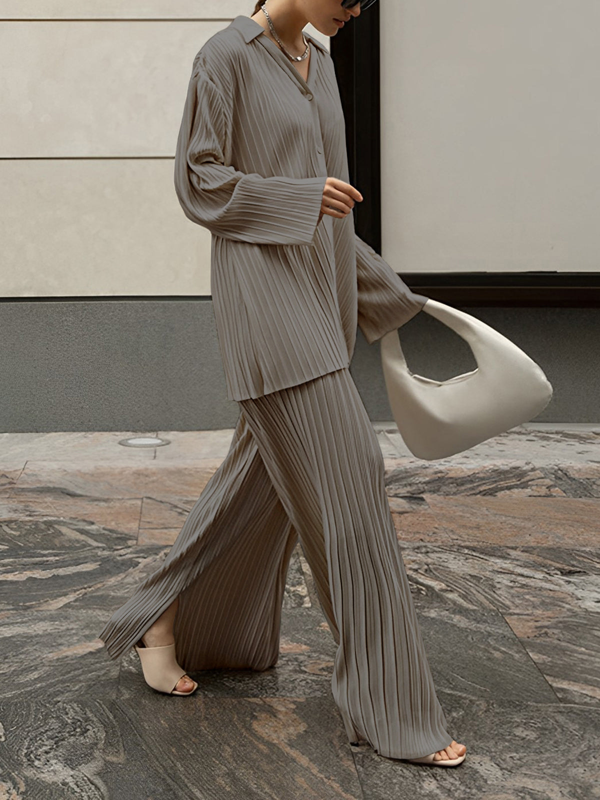 CD | Bluză plisată elegantă și elegantă și set de pantaloni pentru femei