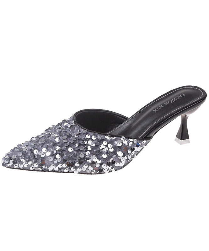 Black Sequins Pointed Toe Kitten Thong Sandals