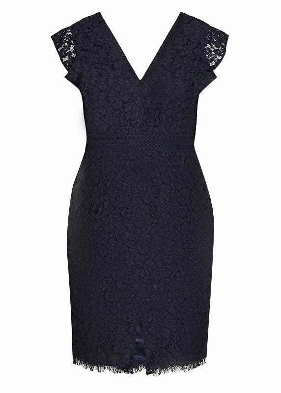 Black V Neck High Waist Lace Mid Dresses Short Sleeve