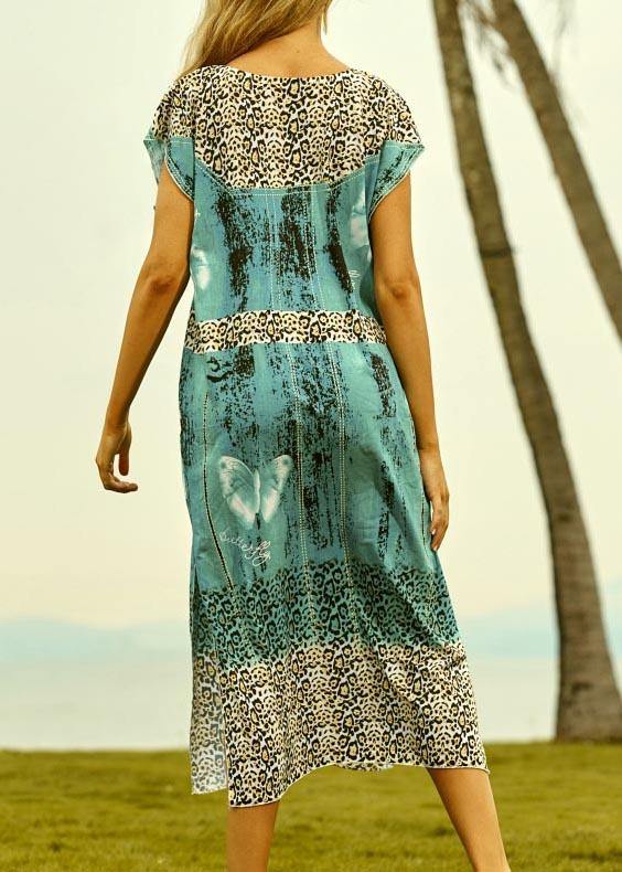 Green Leopard V Neck Side Open Kimono Robe Maxi Dresses