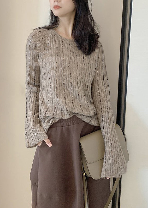 Light Brown O Neck Sequins Knit Sweaters Long Sleeve