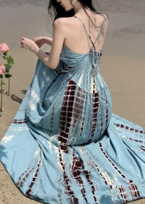 V Neck Wrinkled Print Backless Maxi Spaghetti Strap Dresses Summer