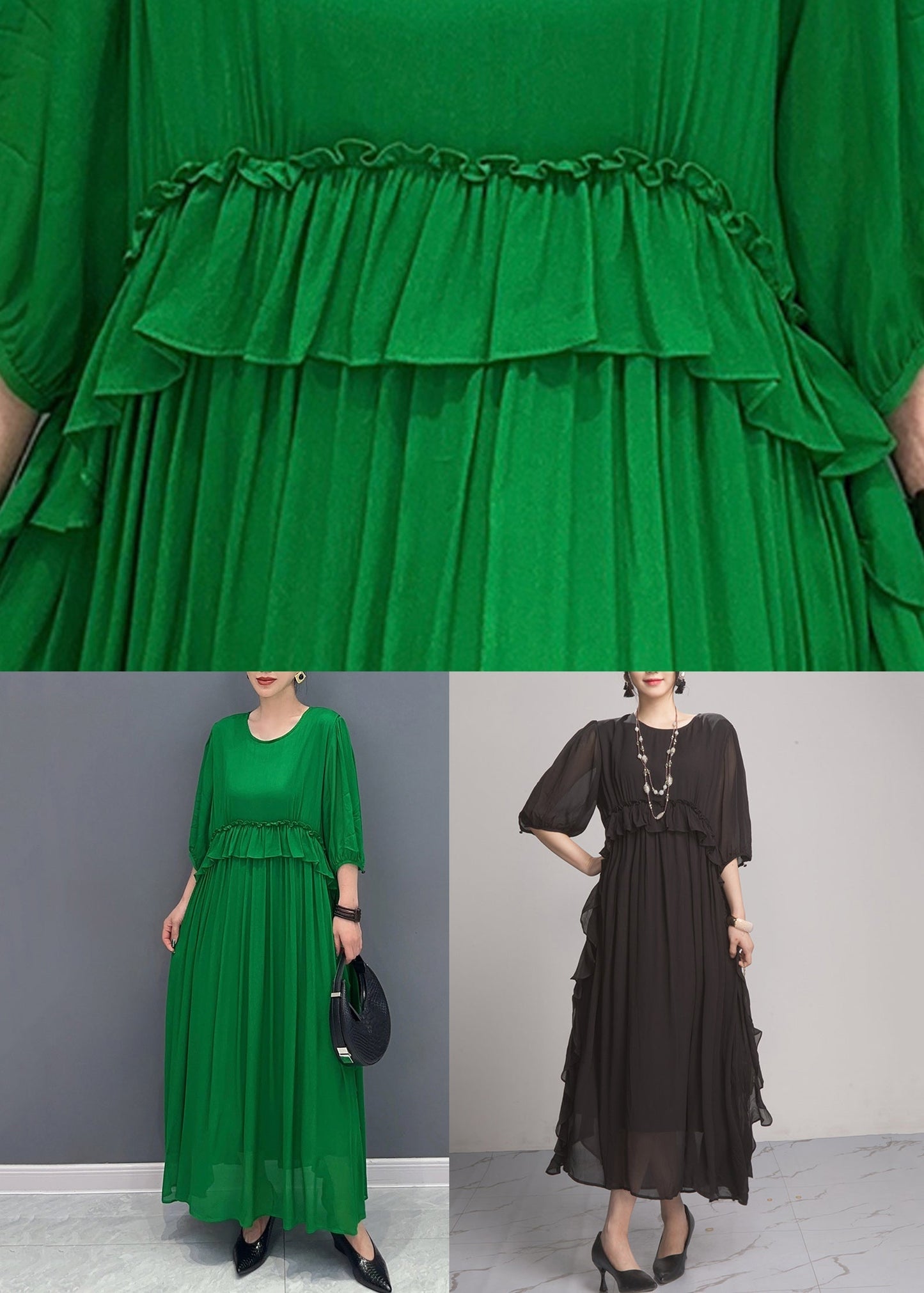 Black Wrinkled Chiffon Long Dresses O Neck Summer