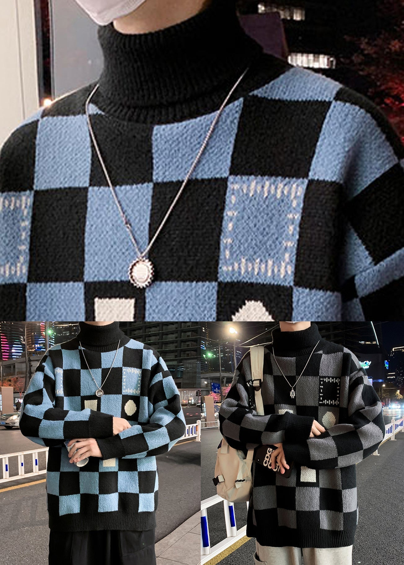 Blue Thick Patchwork Knit Sweaters Turtleneck Winter