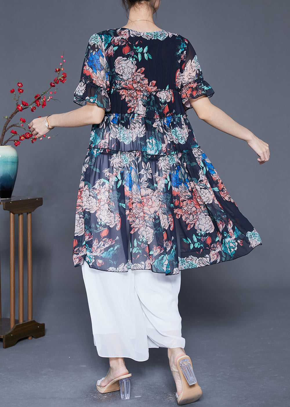 Black Ruffled Print Chiffon Dress Summer