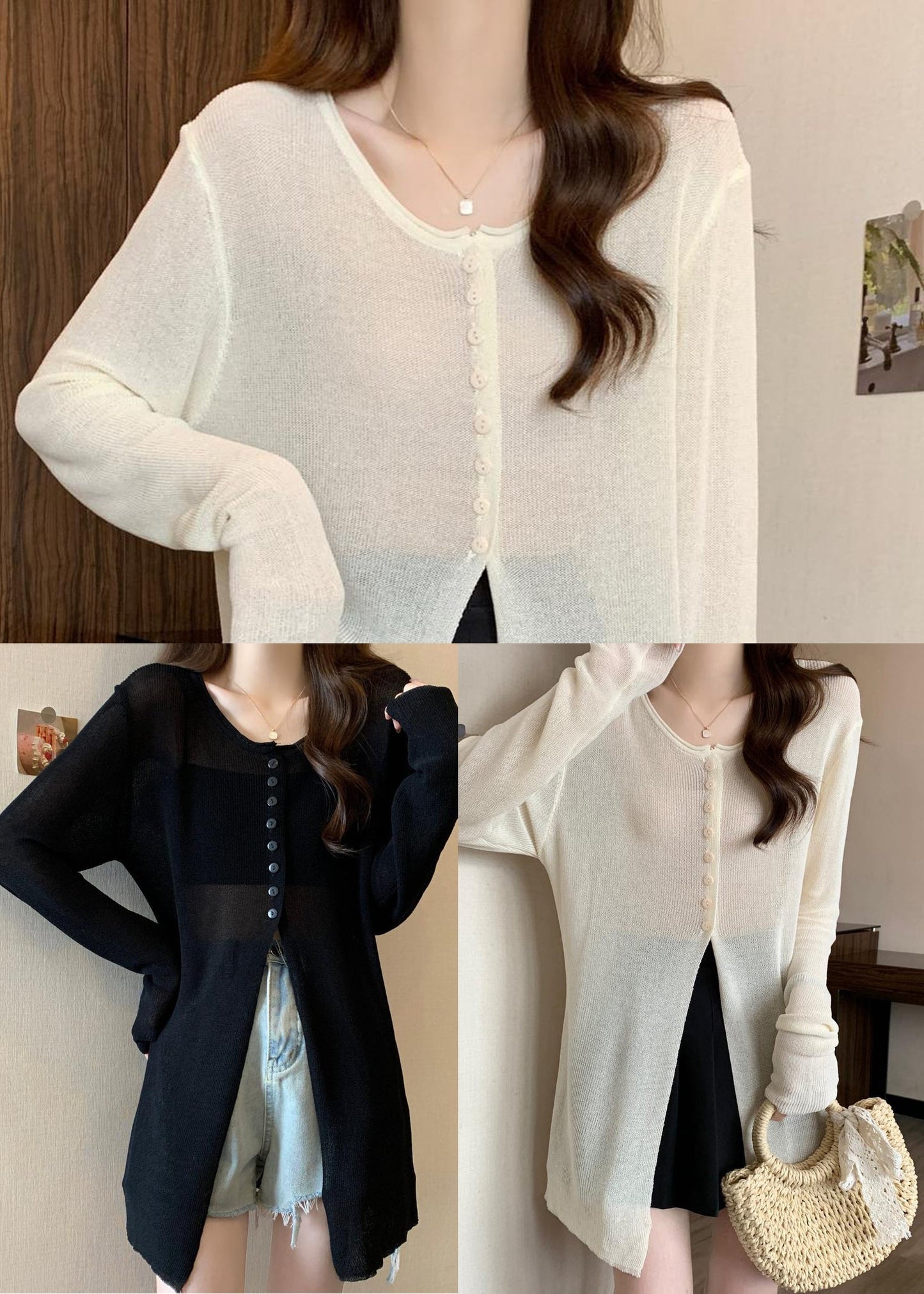 Black Side Open Knit Sheer Pullover Fall