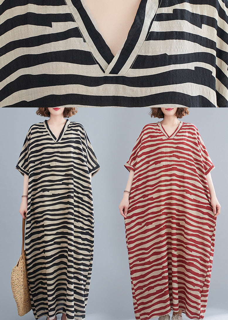 Black Striped V Neck Pockets Long Dress Short Sleeve