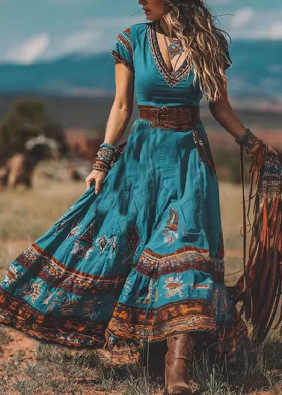 Blue V Neck Print Patchwork Cotton Dress Summer