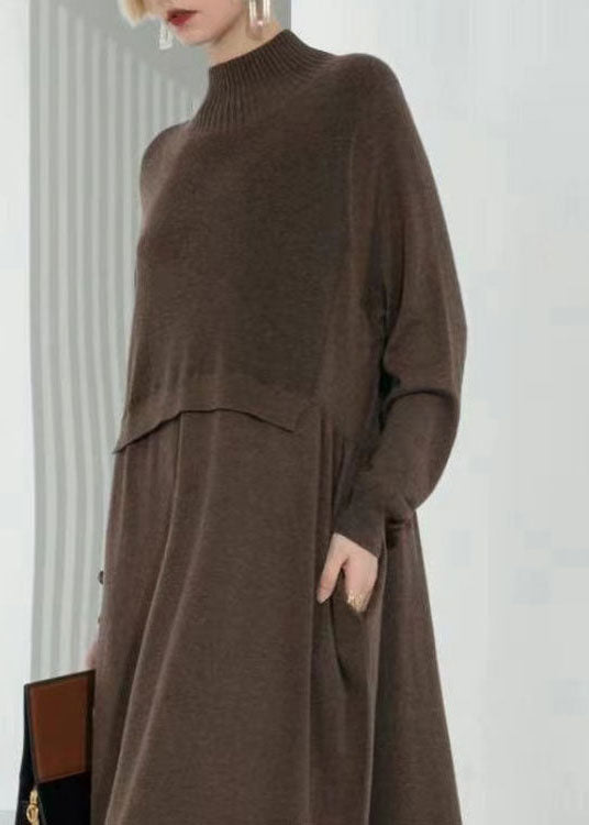 Chocolate Turtle Neck Patchwork Wool Knit Sweater Dress Long Sleeve