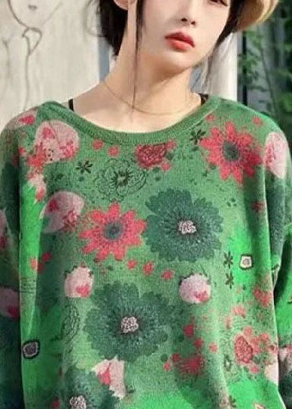 Green O-neck Print Knit Sweater Tops Winter