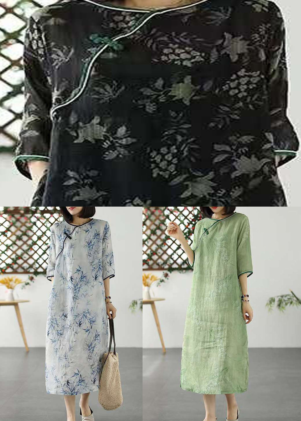 Green O Neck Print Patchwork Linen Dresses Summer
