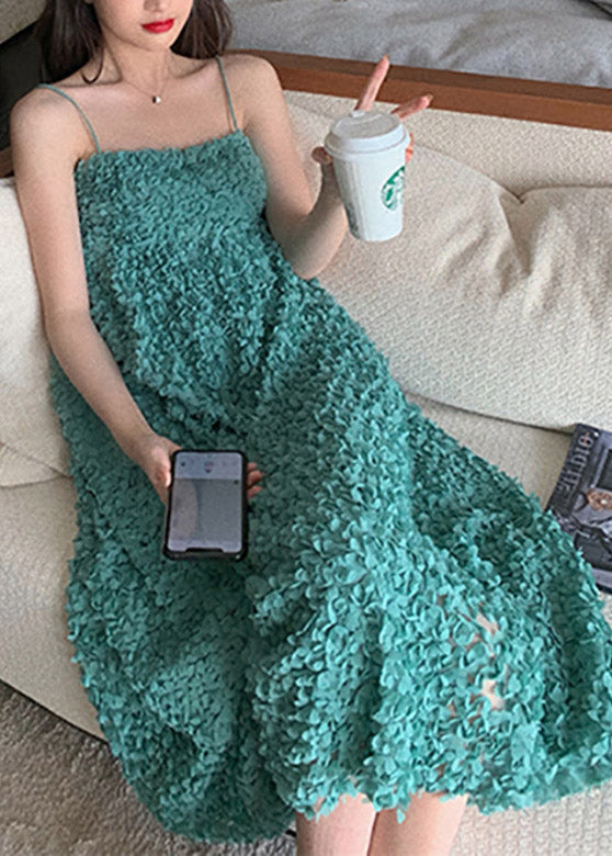 Green Slash Neck Embroideried Slip Long Dress Summer