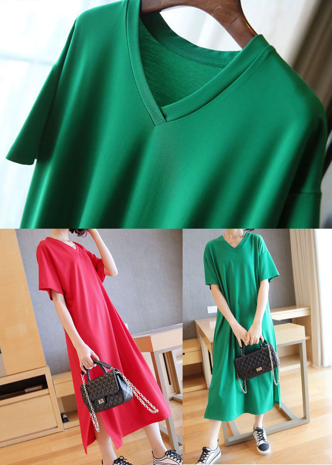 Green V Neck Side Open Cotton Long Dress Summer